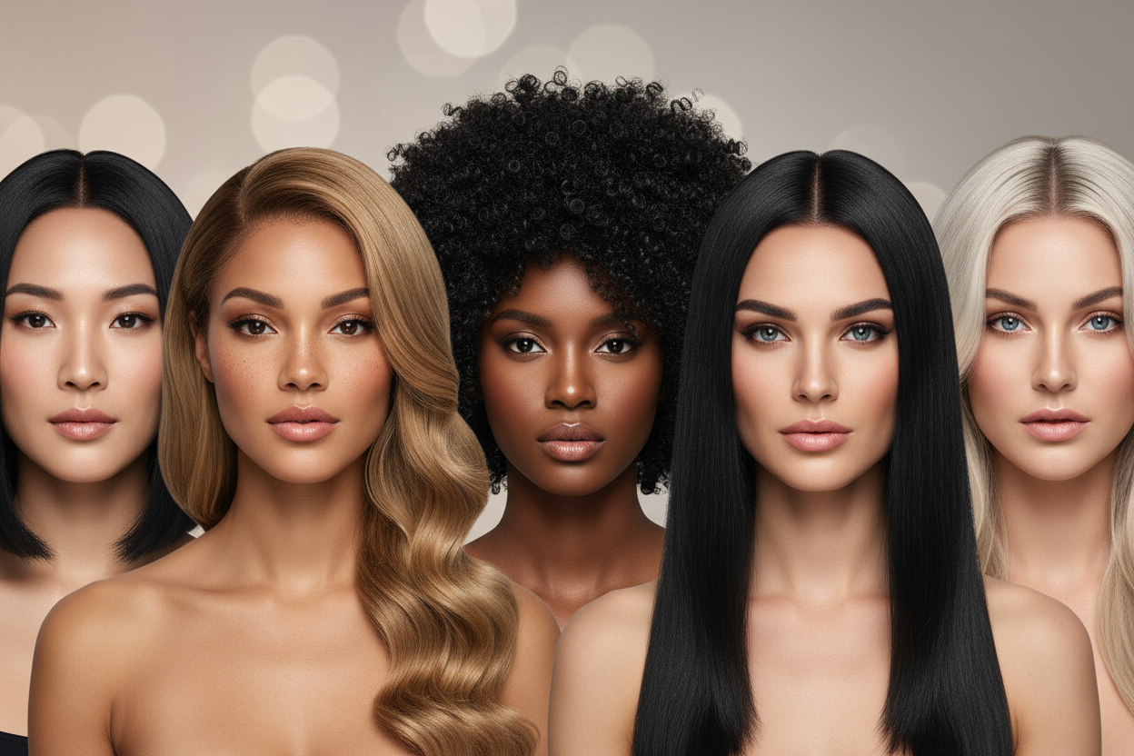 je veux une belle image pour la vitrine de ma boutique présentant des extensions cheveux perruques etc avec un effet special et moderne